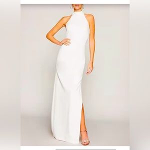 Belle Bartley Mischka Reese halter neck sleeveless crêpe side slit gown